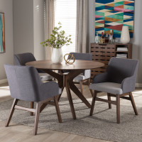 Baxton Studio Monte-Dark-Grey/Walnut 5PC Dining Set Monte Mid-Century Modern Walnut Wood Round 5-Piece Dining Set